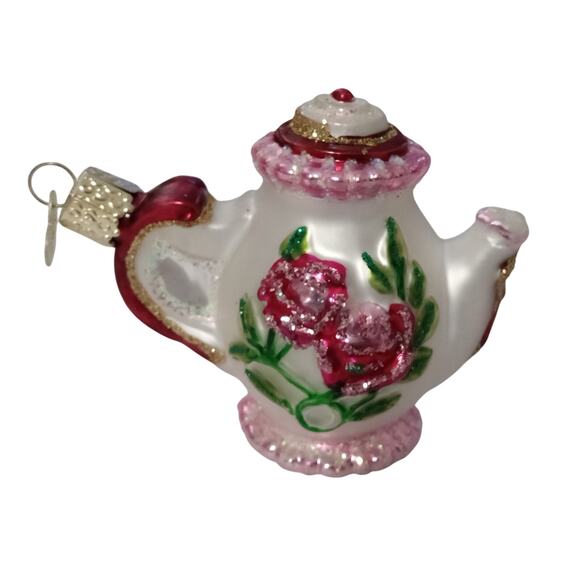 Old World Christmas Glass Ornament Pink White Teapot Rose Glitter - Picture 4 of 5